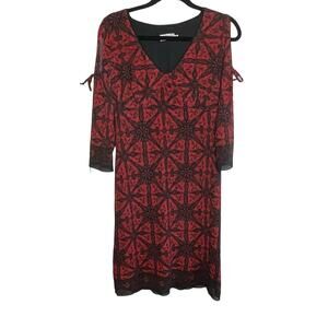 CDC V-Neck Midi Length Dress Split Tie Sleeve‎ Pattern Lined Red Black 12 P Y2K
